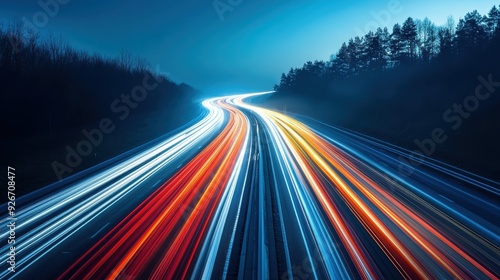 Vibrant long exposure of traffic lights at night on a highway surrounded by trees, creating dynamic streaks of light, speed, and motion.