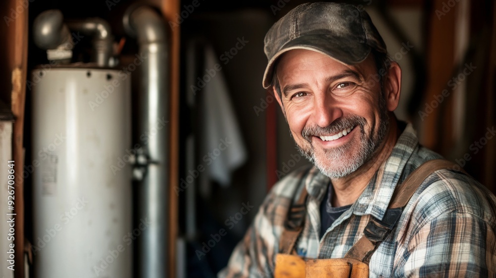 Handyman in closet fixes boiler, grins. Handyman in closet fixes boiler, grins.