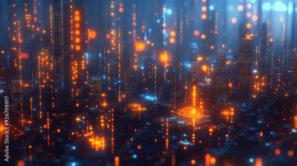Naklejka premium Futuristic Cityscape with Glowing Lights