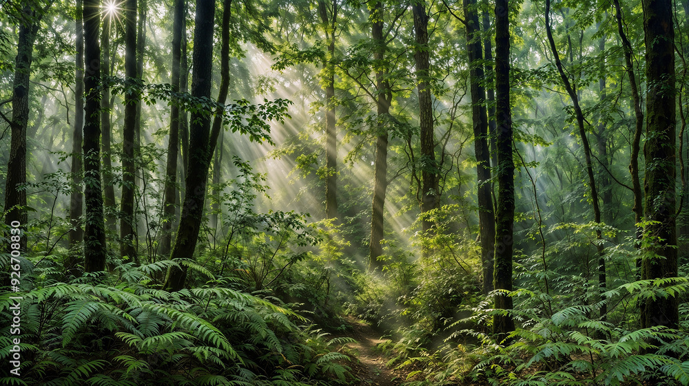 Fototapeta premium Sunlit Serenity: Rays Through the Verdant Forest Canopy