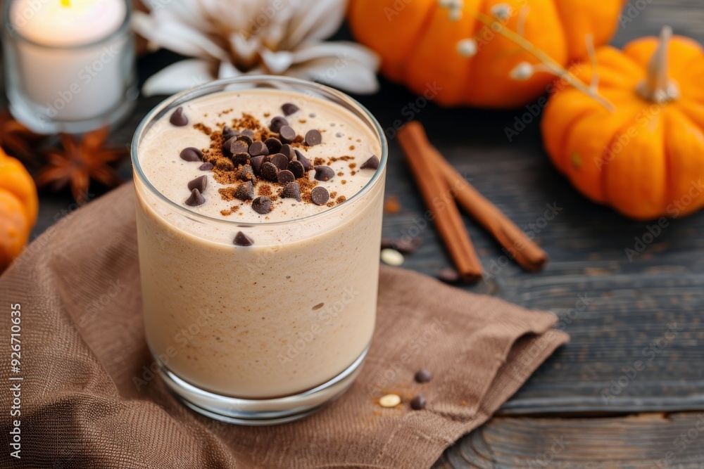 Creamy Pumpkin Smoothie With Chocolate Chips and Cinnamon on Wooden Table Creamy Pumpkin Smoothie With Chocolate Chips and Cinnamon on Wooden Table