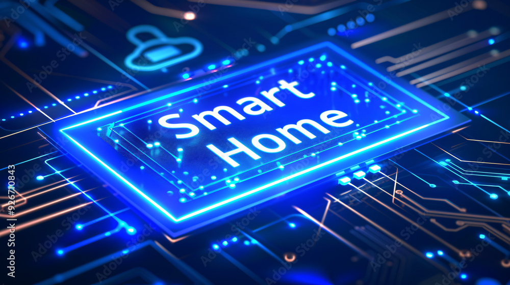 Blue glowing circuit board with smart home text, representing the future of technology and home automation Blue glowing circuit board with smart home text, representing the future of technology and home automation