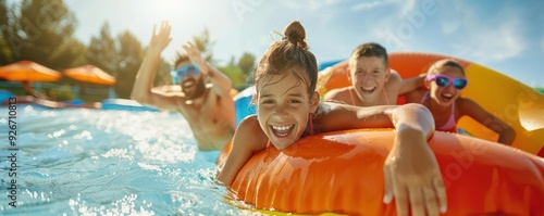 Family enjoying a thrilling ride on a water slide with inflatable tubes.