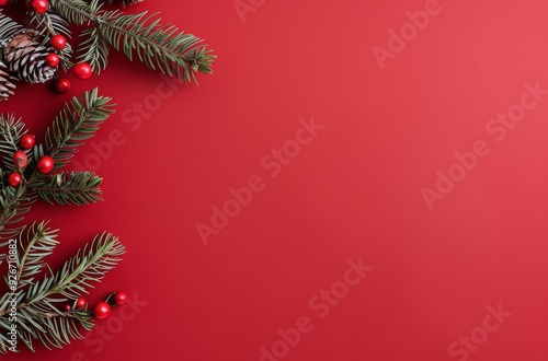 Festive Greenery and Berries on Red Background for Holiday Celebration