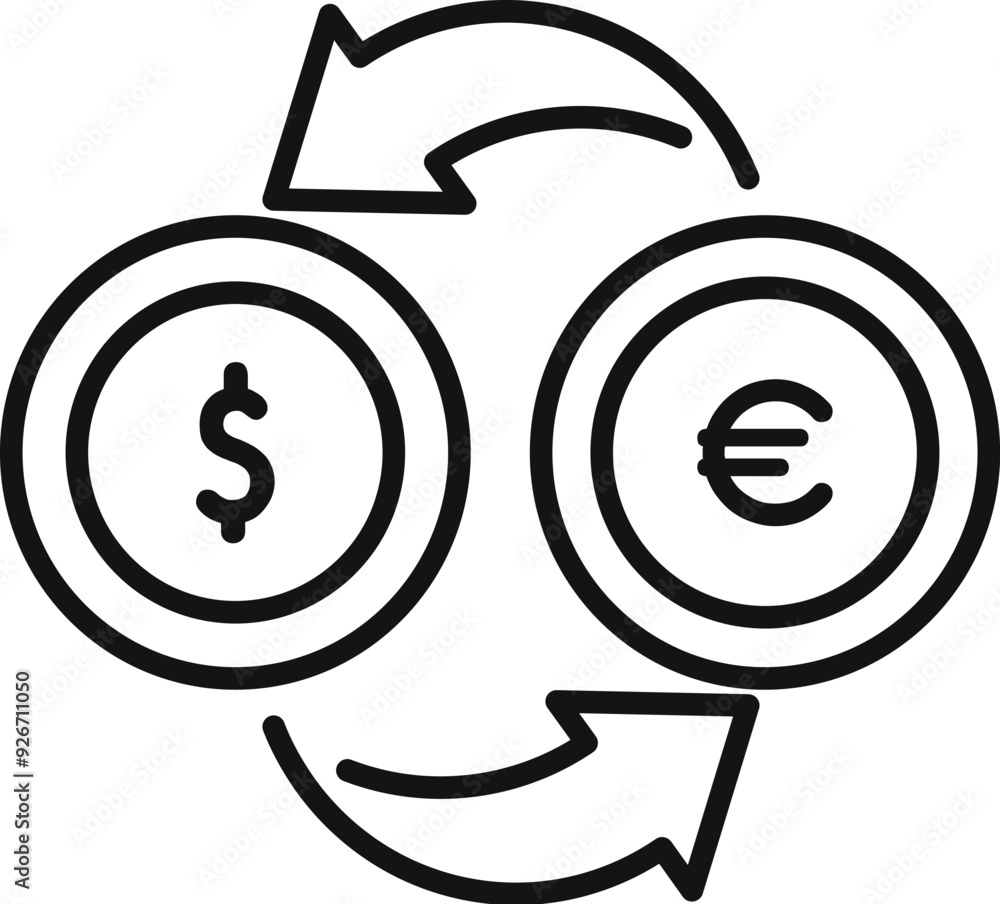 Simple line art icon of a currency exchange concept with arrows converting dollars to euros