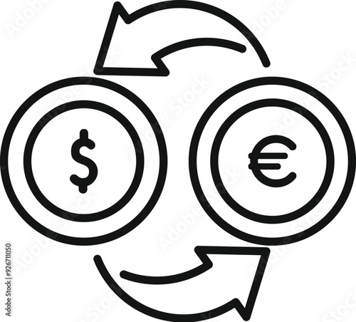 Simple line art icon of a currency exchange concept with arrows converting dollars to euros