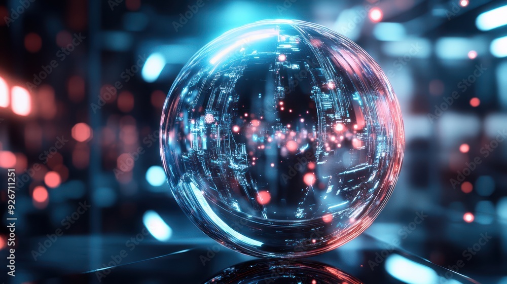 A futuristic sphere reflecting a city of lights A futuristic sphere reflecting a city of lights