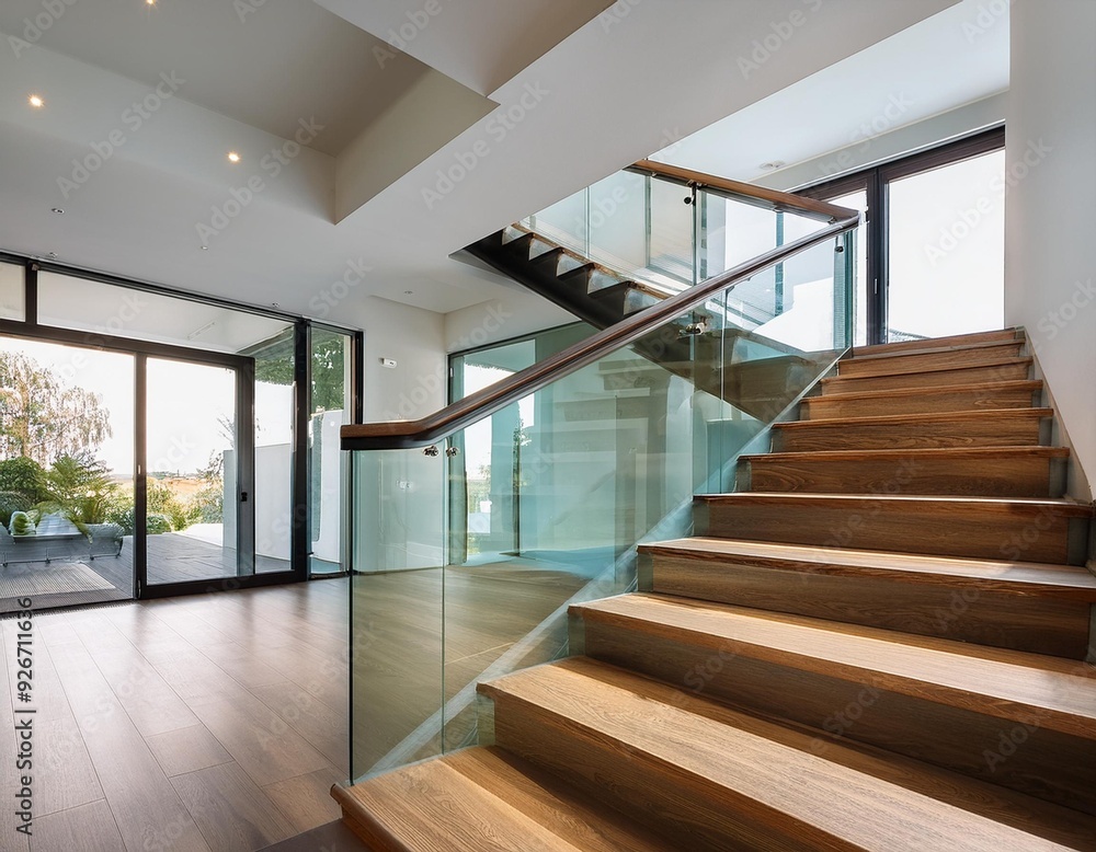 Modern Staircase Design with Glass Railings and Hardwood Flooring