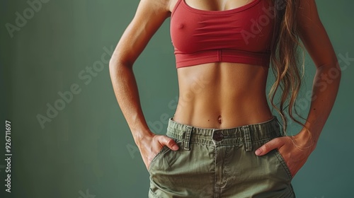 Young woman in a red crop top and green shorts poses against a solid green background in a casual indoor setting photo