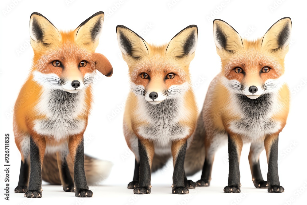 Three red foxes standing in a row, isolated on white background. Three red foxes standing in a row, isolated on white background.