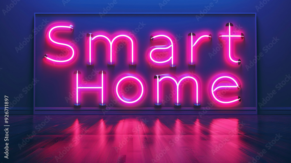 Neon smart home sign glowing on a wall in an empty room with reflections on the floor Neon smart home sign glowing on a wall in an empty room with reflections on the floor