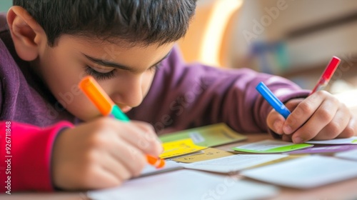 Wallpaper Mural Young boy focused on drawing with colorful markers Torontodigital.ca