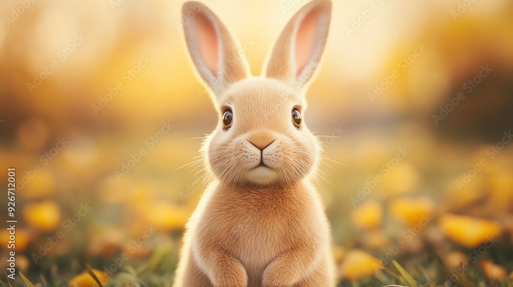Fototapeta premium Adorable brown bunny rabbit sitting in a field of wildflowers, looking at the camera with curious eyes.