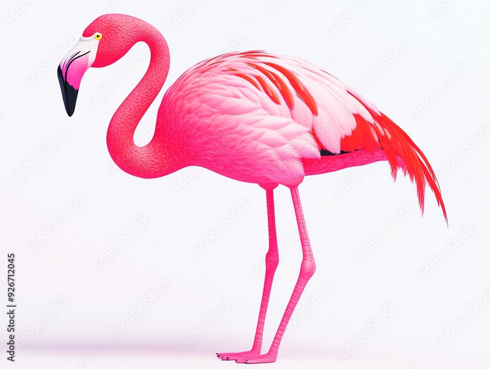Fototapeta premium Pink flamingo standing on one leg against a white background.