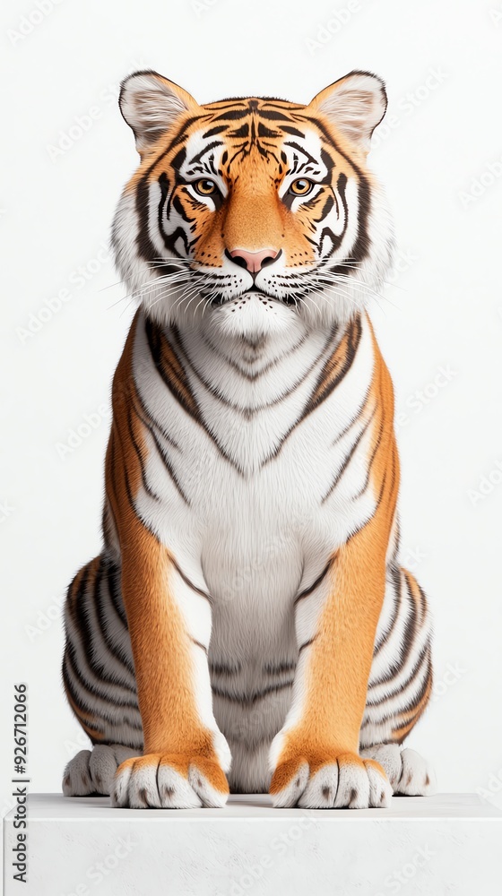 Fototapeta premium A majestic Bengal tiger sitting on a white background.