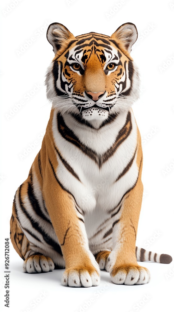 Obraz premium A majestic tiger sitting on a white background.