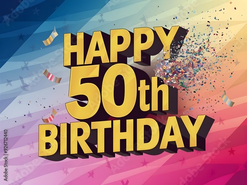 Happy 50th birthday with bold gold text and fireworks photo