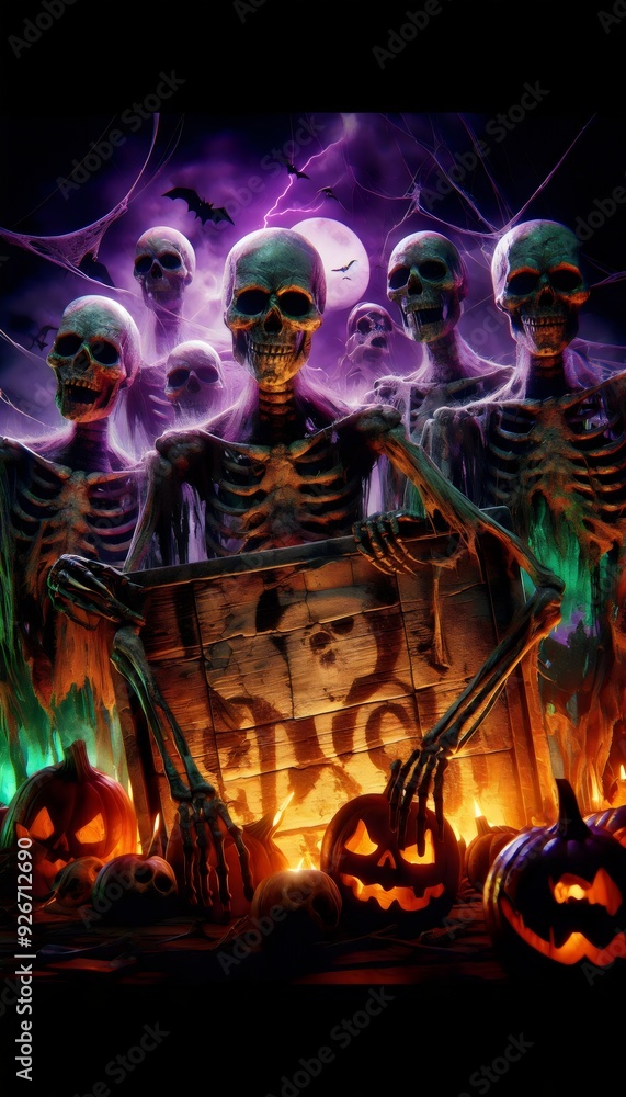 Epic Halloween Scene with Skeletons and Blank Sign – Perfect for Promotional Messages Epic Halloween Scene with Skeletons and Blank Sign – Perfect for Promotional Messages