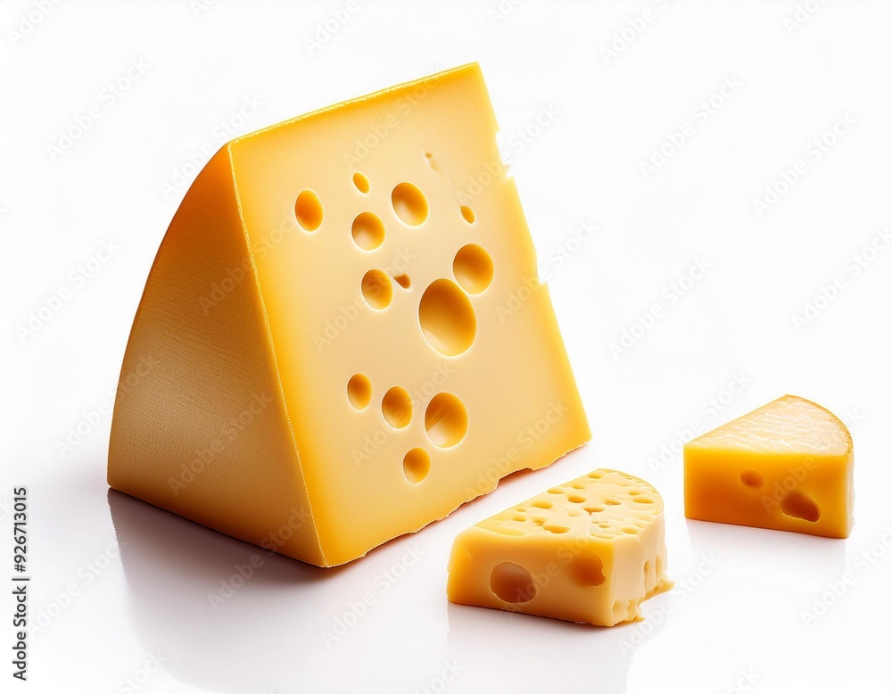 On a white BackgroundA wedge of cheese with two smaller pieces in front of it On a white BackgroundA wedge of cheese with two smaller pieces in front of it