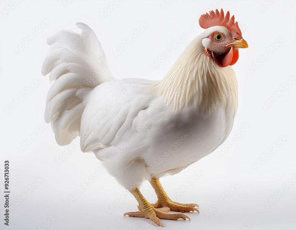 Fototapeta premium On a white BackgroundA white chicken standing on a white background