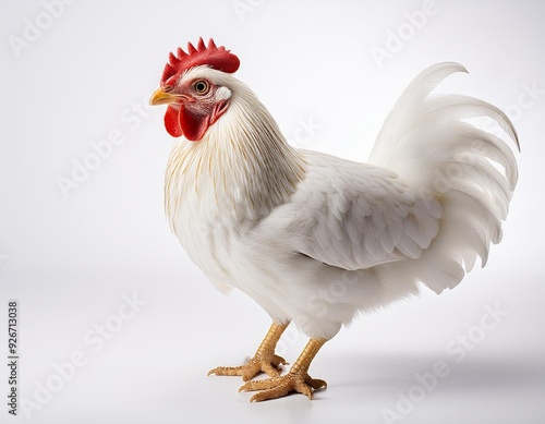 On a white BackgroundA white chicken standing on a white background