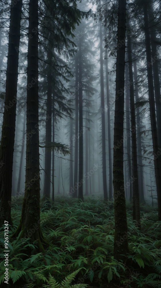 Naklejka premium Whispering Pines: A Misty Morning Among Towering Trees and Lush Ferns