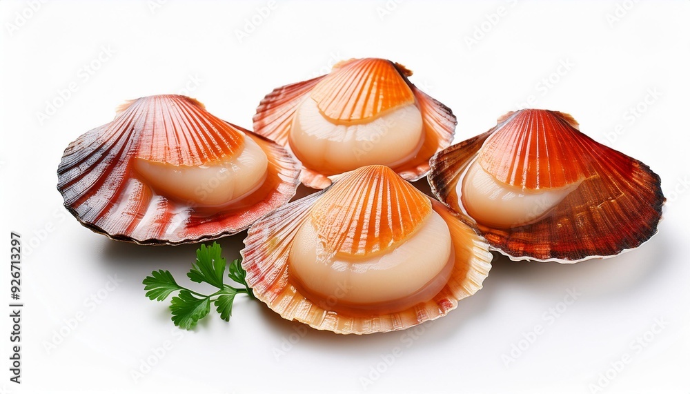 On a white BackgroundFour Fresh Scallops on White Background