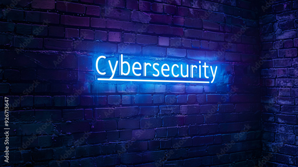 Fototapeta premium Glowing blue neon sign on a dark brick wall symbolizes cybersecurity, conveying protection and privacy in the digital world