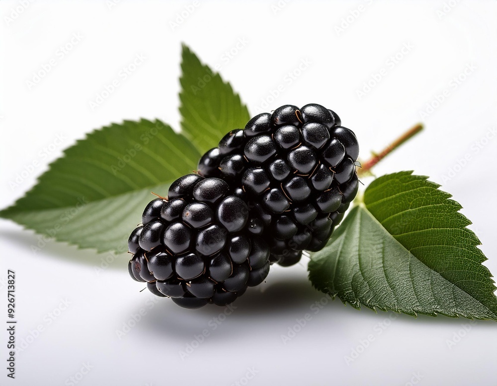 On a white BackgroundSingle Blackberry with Leaves on White On a white BackgroundSingle Blackberry with Leaves on White