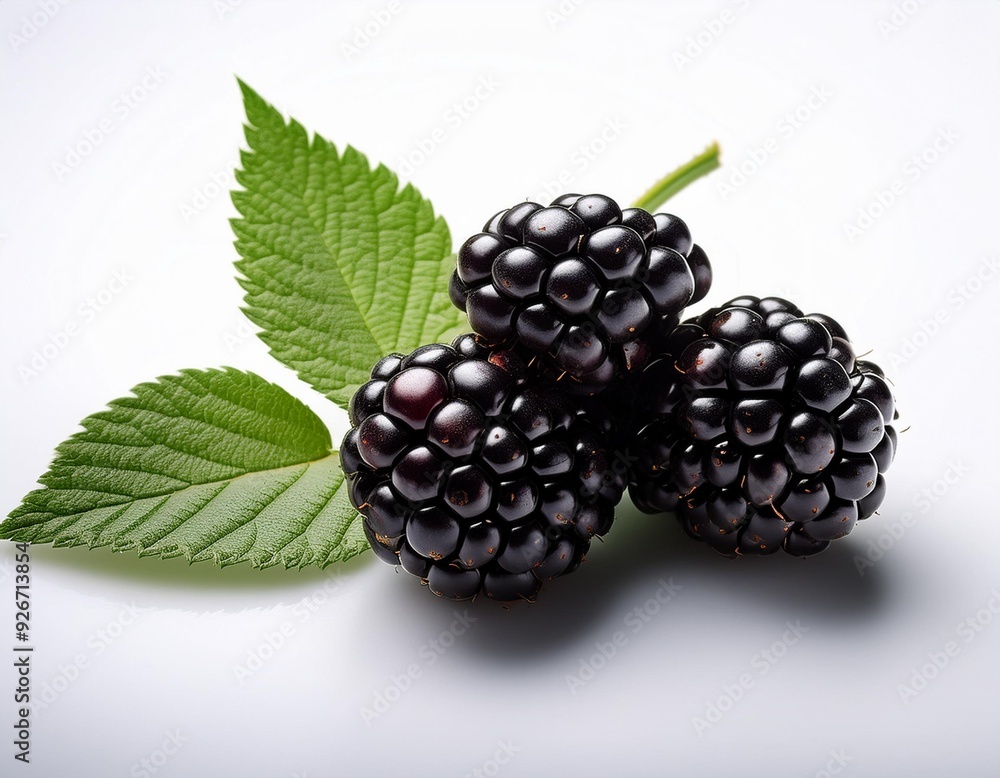 On a white BackgroundSingle Blackberry with Leaves on White On a white BackgroundSingle Blackberry with Leaves on White