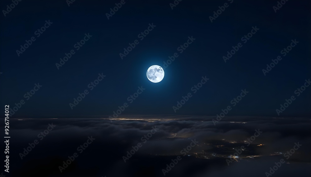 a blue moon in the night sky, surrounded by a halo, with city lights sparkling in the distance below and clouds create with ai a blue moon in the night sky, surrounded by a halo, with city lights sparkling in the distance below and clouds create with ai