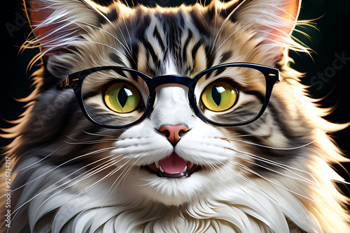 A Maine Coon cat with glasses, showing off its fluffy fur and big eyes, ideal for pet lovers and cat-themed merchandise.
 photo