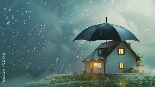 home insurance and protection, featuring a family house secured under an umbrella, symbolizing safety and security against potential risks and damages 