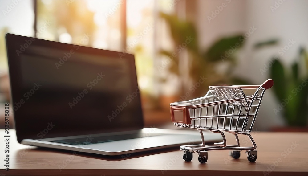 A Small Shopping Cart Model in Front of Blurred Laptop on Blurred Home Background. Online Business and E-Commerce Concept, Generative AI A Small Shopping Cart Model in Front of Blurred Laptop on Blurred Home Background. Online Business and E-Commerce Concept, Generative AI