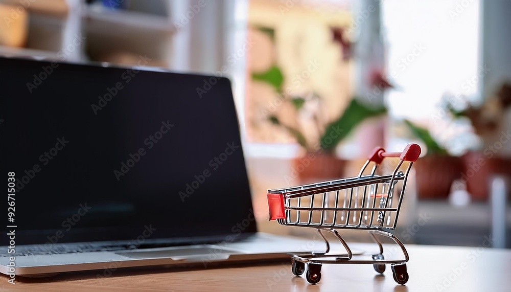 A Small Shopping Cart Model in Front of Blurred Laptop on Blurred Home Background. Online Business and E-Commerce Concept, Generative AI A Small Shopping Cart Model in Front of Blurred Laptop on Blurred Home Background. Online Business and E-Commerce Concept, Generative AI