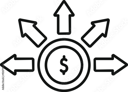 Linear icon of money distribution with arrows pointing in different directions representing financial decisions