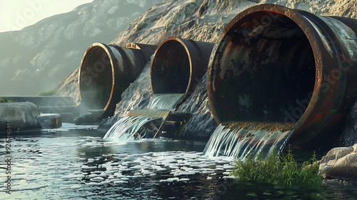 An industrial waste concept depicting the environmental issue of pollution, with untreated sewage water flowing from large metal pipes directly into a natural body of water, causing contamination.
 photo