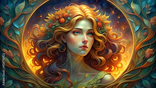 Graceful Woman with Flowing Hair and Floral Accents in Art Nouveau Style, generative ai