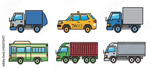 8ビットで描いた自動車のピクセルアート　働く車　ゴミ収集、タクシー、トラック、路線バス、トレーラー　イラストセット　アイコン
