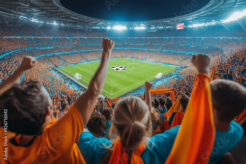 Excitement builds among soccer fans as they cheer for their team during a thrilling match in a vibrant stadium at night