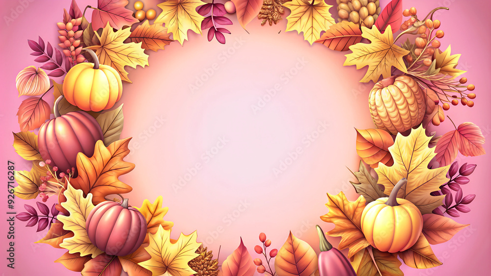 Fototapeta premium Thanksgiving wreath with pumpkins and leaves on a light pink background with copy space