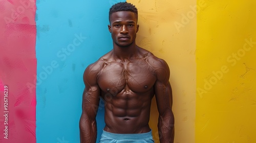 Muscular man posing against a vibrant, colorful wall in an urban setting photo