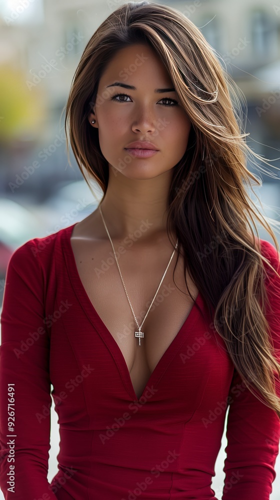 A beautiful woman with long brown hair and a silver necklace with a cross pendant, wearing a red dress, poses outdoors. A beautiful woman with long brown hair and a silver necklace with a cross pendant, wearing a red dress, poses outdoors.