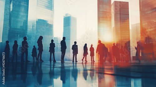 Silhouetted figures stand in front of a city skyline