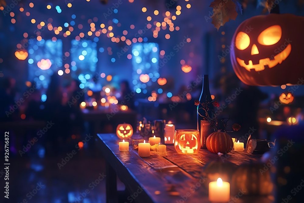 Halloween Party Table Setting with Jack-o'-Lanterns and Candles Halloween Party Table Setting with Jack-o'-Lanterns and Candles