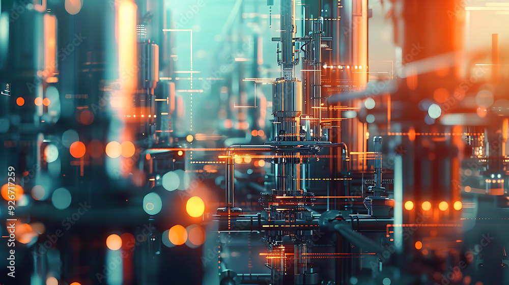 Fototapeta premium Smart factory concept, abstract tech background, demonstrating Industry 4.0 revolution through automation and data exchange in manufacturing technologies. 