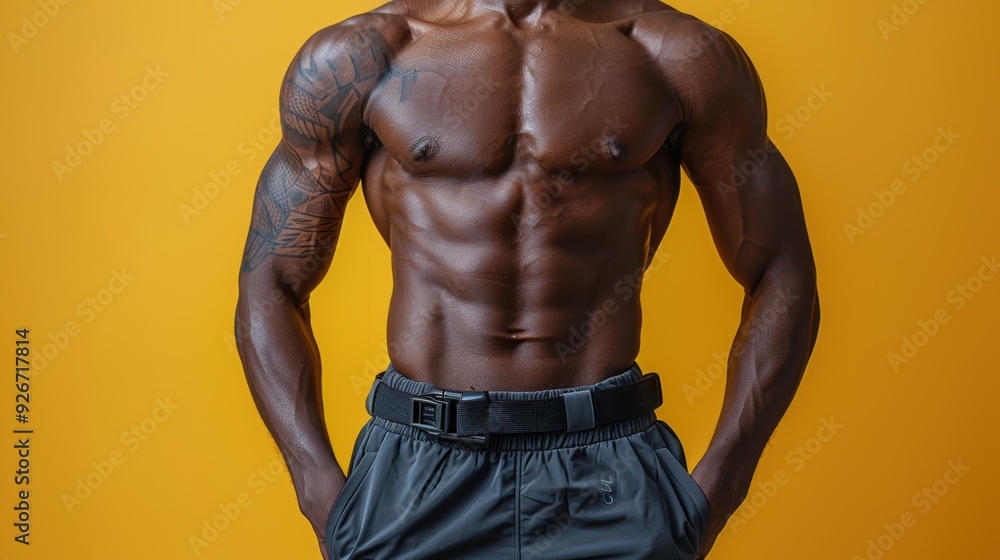 Muscular man poses confidently against a bright yellow background, showcasing fitness and athleticism Muscular man poses confidently against a bright yellow background, showcasing fitness and athleticism