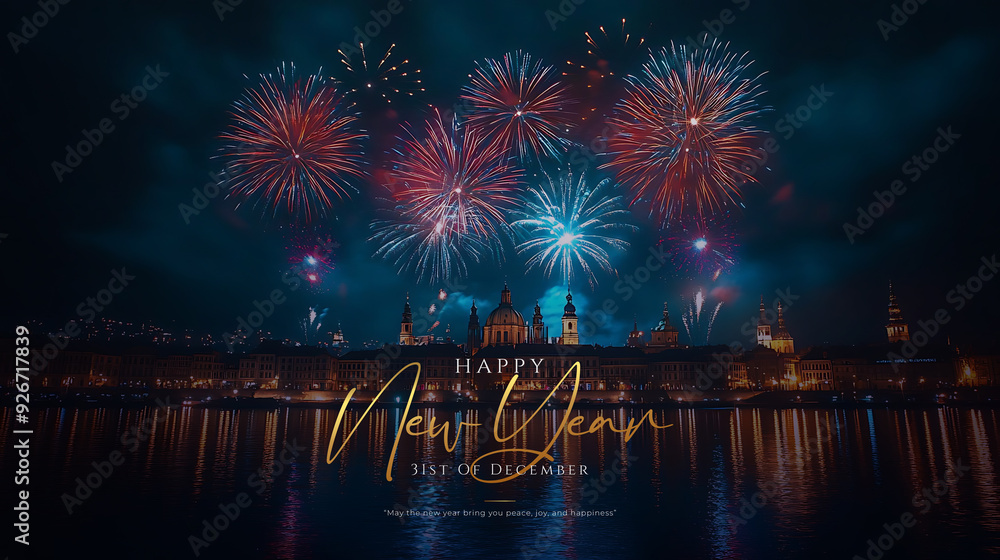 Fototapeta premium Cityscape with Fireworks Display over River Photo