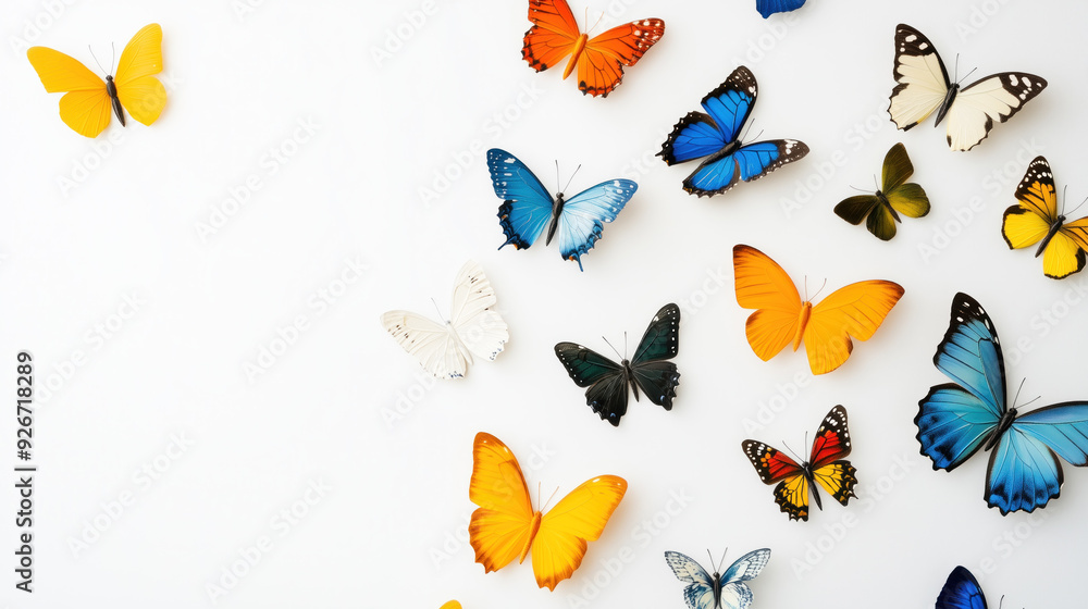 Fototapeta premium various butterflies in different colors on white background with space