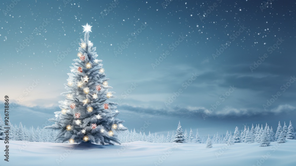 A single, snow-covered Christmas tree stands tall and illuminated in a snowy forest under a blue, cloudy sky. A single, snow-covered Christmas tree stands tall and illuminated in a snowy forest under a blue, cloudy sky.